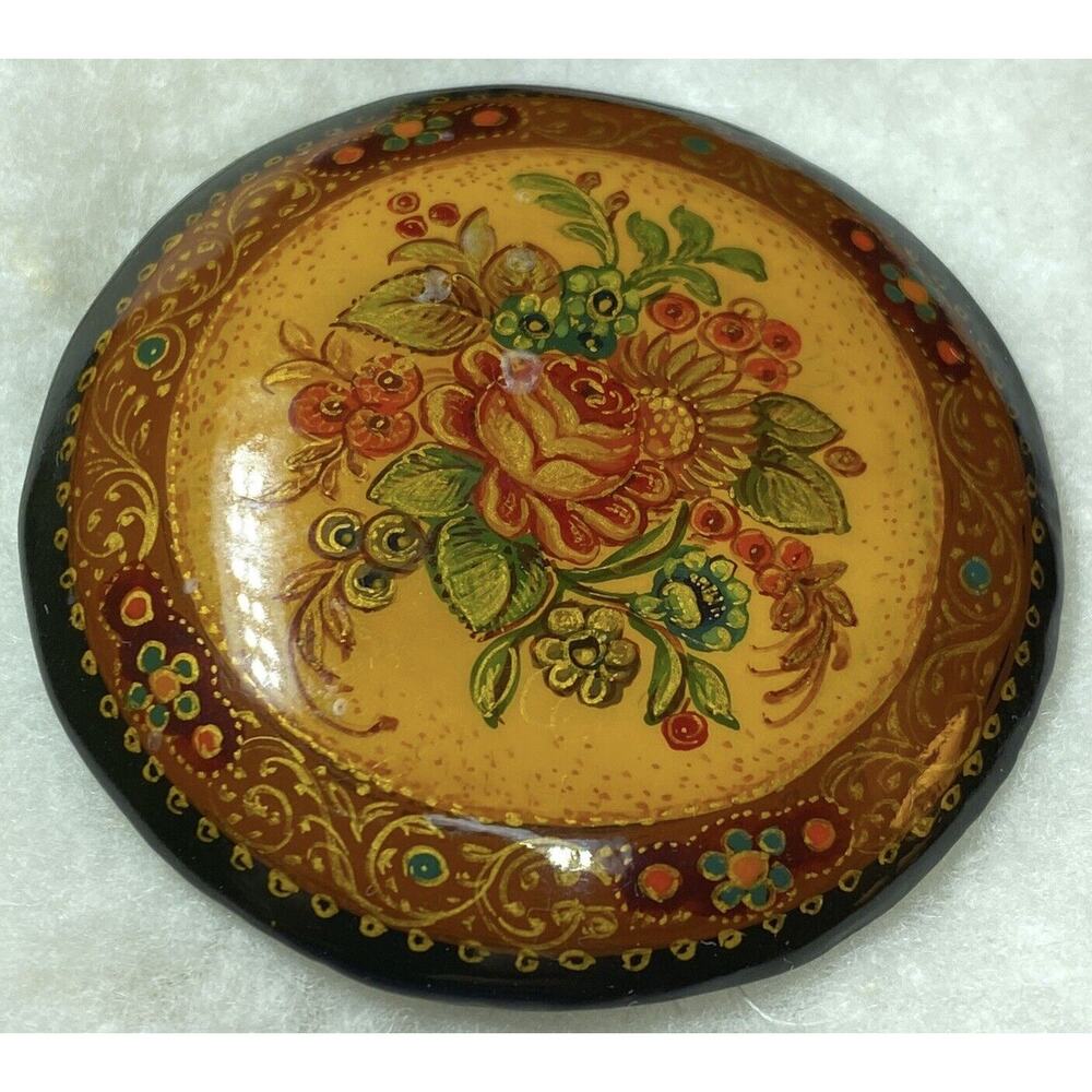 Russian Hand Painted On Black Round Multi-Color Flower Gold Accented Brooch Pin